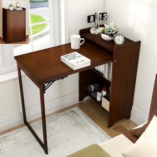 tonchean Bamboo Folding Desk with Storage Bookshelf for Small Spaces, Brown