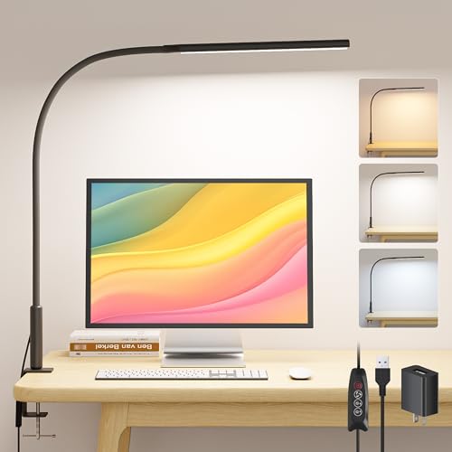 Clamp on Desk Lamp for Home Office, Eye-Caring Jigsaw Puzzle Desk Light | Desk Lamp with Clamp Mount, 3 Colors Stepless Dimming, Flexible Gooseneck Table Lamp with Adapter for Sewing, Black - color: Black Pro