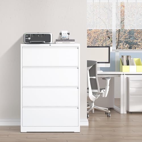 4 Drawer Lateral File Cabinet with Lock,White Metal Filing Cabinet - color: White, size: 52.3"H-4 drawers