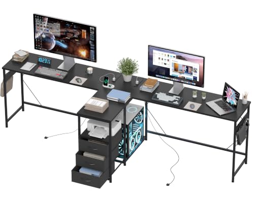 2 Person Computer Desk, 87" Long Gaming Desk for 2 People | Double Desk with 3 Fabric Drawers and 2 Power Outlets, Home Office Table for Adults and Teenagers, Black - color: Black, size: 35.4"D x 86.6"W x 30.7"H