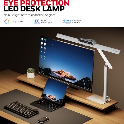 Honeywell HJ1WT 1200LM LED Desk Lamp Dimmable Lamp for Desk | Sunturalux Chips, CRI≥97, 4 Color Temps, Workbench Architect Task Lamp with Base, White - style: White Base