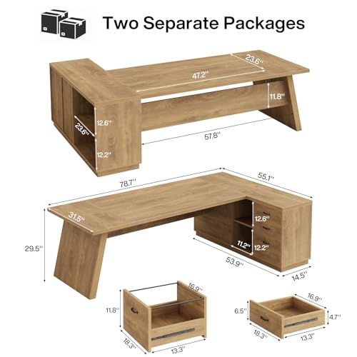 Tribesigns 78" L-Shaped Executive Desk, Large Modern Office Desk with Drawers and Lateral File Cabinet, Business Furniture with Storage Shelves, Big Computer Table for Home Office (Brown) - color: Brown