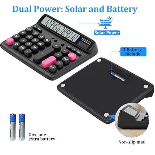 Desktop Calculator with Extra Large 5-Inch LCD Display, 12-Digit Two Way Power Solar & Battery Office Calculator with Big Buttons for Business, Accounting & Home Use(Black) - color: Black