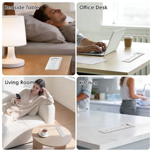 Recessed Power Strip with 60cm Retractable USB C Cable, Flush Mount | Furniture Drawer Outlet kit insert in (4) 20W USB & (3) 15 Amp AC Outlets, Hidden Charging Station for Desktop - color: White