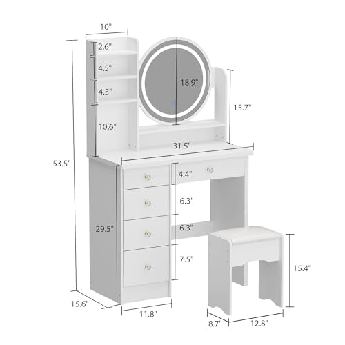 ECACAD Vanity Desk Set with LED Lighted Round Mirror, Makeup Dressing Table with 5 Drawers, Storage Shelves & Cushioned Stool for Bedroom, White - style: White-With Light