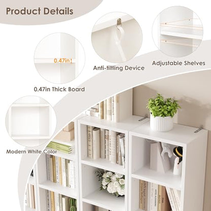 FOTOSOK Bookshelf Bookcase 8-Tier Narrow Bookshelf Tall CD Media Tower Rack | 11.6 X 9.3 X 70.9 White Bookshelf, Tall Narrow Slim Skinny Display Bookcase with Cube Storage and 4 Adjustable Shelves - color: White