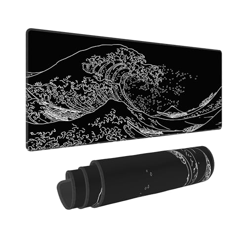 Kanagawa Great Wave Mouse Pad,Black Large Gaming Desk Mat,31.5x12 in | Extended Japanese Sea Wave Anime Esport Mousepad for Men,XL Computer Keyboard Decor Mousemat for Office Home,80x30 cm - color: Great Wave W