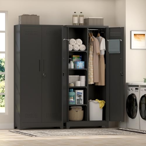 Metal Utility Closet,Broom Closet Storage Cabinet with Doors and Shelves,Locking Storage Cabinets for Home Office,Gym,Laundry,Black - size: 72"H x 31.5"W x 15.74"D-Black