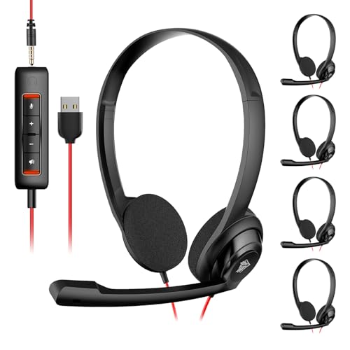 NUBWO USB Headset with Microphone for Laptop PC, Headphones with Noise Cancelling Microphone for Computer, On-Ear Wired Office Call Center Headset for Boom Skype Webinars, 5 Packs | 5 Packs - Lightweight On-Ear Wired Headset for MS Teams, Skype, Webinars,