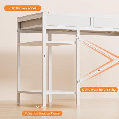 Sweetcrispy 55" Computer Desk with 6 Fabric Drawers & Storage Shelves - color: Pure White, size: 54.9 Inches