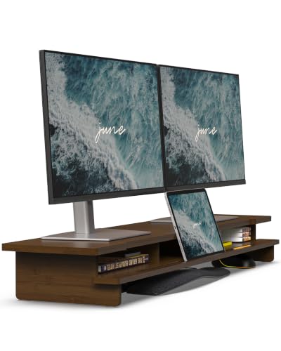 42.5” Dual Monitor Stand with Phone & Tablet Holder Desk Shelf - color: Toasted Bamboo, size: 42.5 inch