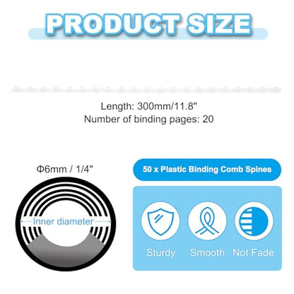 PATIKIL 6mm (1/4") Plastic Binding Combs, 50 Pcs 21 Rings Comb Binding Spines 20 Sheet Capacity Letter Size for Binding Paper Sheets, White - color: White, size: 6mm