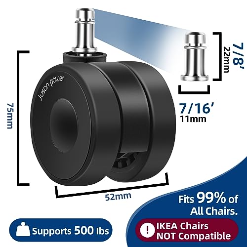 Office Chair Casters 2.5 Inch Silent Wheels for Hardwood Floors and Carpet, Heavy Duty With Standard Stem 7/16* 7/8(11mm*22mm), Set of 5