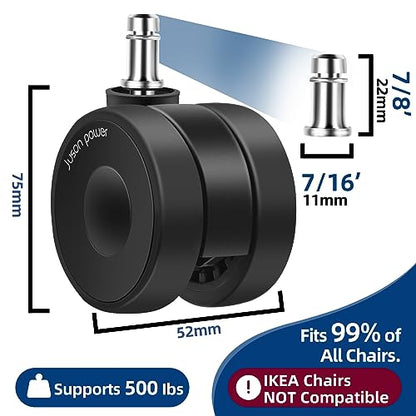 Office Chair Casters 2.5 Inch Silent Wheels for Hardwood Floors and Carpet, Heavy Duty With Standard Stem 7/16* 7/8(11mm*22mm), Set of 5