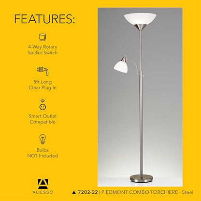 Adesso Floor Lamp, Brushed Steel, Dual-Socket, Adjustable Reading Light 71” - color: Brushed Steel
