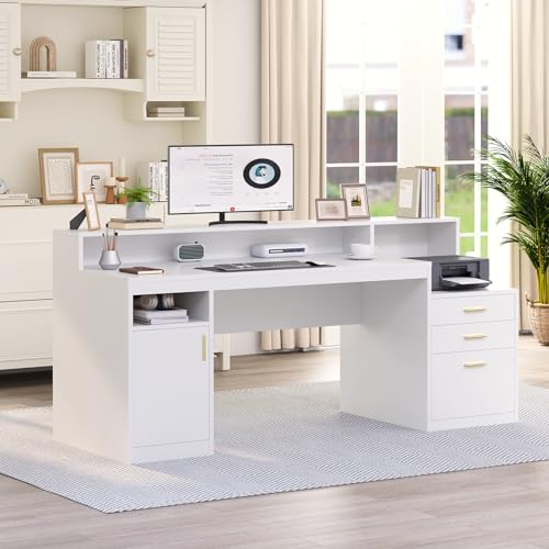 65" White Computer Desk with 3 Drawers & Printer Shelf for Home Office - color: White