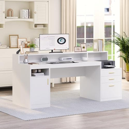65" White Computer Desk with 3 Drawers & Printer Shelf for Home Office - color: White