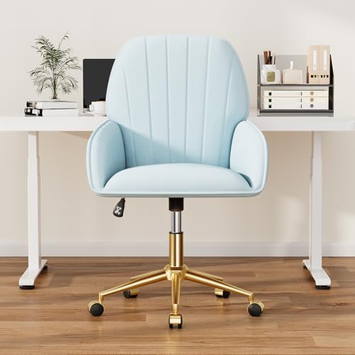 Home Office Desk Chair Comfy with Adjustable Swivel Wheels, Modern Velvet Makeup Vanity Chair with Back & Pillow, Ergonomic Office Chair Computer Task Chair for Living Room, Bedroom, Blue - color: Blue