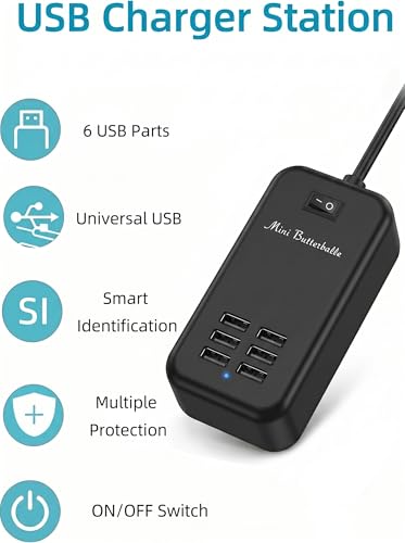 USB Charger Station, 6 Port Desktop Charging Station for Multiple Devices, Wall Power Strip with Switch - color: black