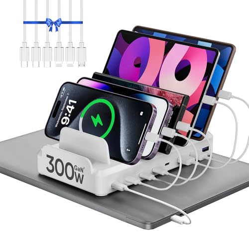 300W Charging Station for Multiple Devices, 8 Port Multi USB C Fast Charger Station Dock for MacBook iPhone 17/16/15/14/13/12 Samsung Pixel Series iPad, White (6 Mixed Short Cables Included) - color: White