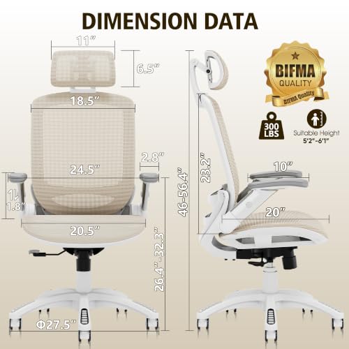 GABRYLLY Ergonomic Office Chair, High Back Home Desk Chair with 2D Flip-Up Arms, 3D Headrest, 90-120° Tilt and Wide Cushion, Big and Tall Mesh Chairs for Man Woman, Computer Task Chair Beige - color: White Frame Beige Mesh
