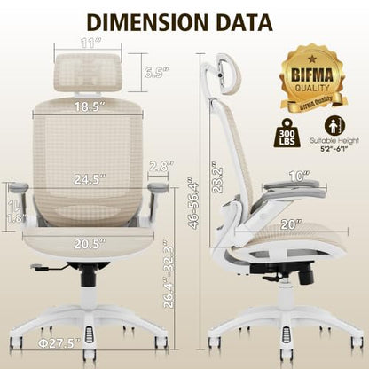 GABRYLLY Ergonomic Office Chair, High Back Home Desk Chair with 2D Flip-Up Arms, 3D Headrest, 90-120° Tilt and Wide Cushion, Big and Tall Mesh Chairs for Man Woman, Computer Task Chair Beige - color: White Frame Beige Mesh