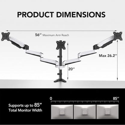 HUANUO Triple Monitor Stand - Full Motion Articulating Monitor Mount Fit Three 17 to 32 inch LCD Computer Screens with Clamp, Grommet Kit - color: White
