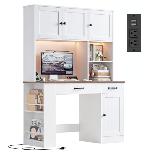 Keyluv 71" Tall Computer Desk with Hutch Cabinet, Home Office Desk with Storage Drawers Shelves and Side Rack, Wood Executive Desk with Doors, Outlet Station and Smart LED Lights, White - color: White