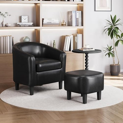 Yaheetech Accent Chairs with Ottoman, Faux Leather Barrel Chairs, Black - color: Black, size: Chair:25.5x 27.5 x 28''H Ottoman:18x 18.7x 15.7''H
