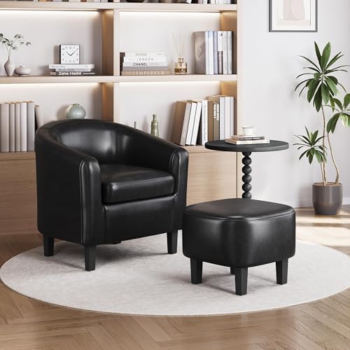 Yaheetech Accent Chairs with Ottoman, Faux Leather Barrel Chairs, Black - color: Black, size: Chair:25.5x 27.5 x 28''H Ottoman:18x 18.7x 15.7''H