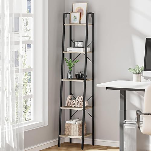 Hzuaneri Ladder Shelf, Bookshelf, Freestanding Corner Storage Shelf | Bookcase with 2 Hooks for Home Office, Living Room, Kitchen, Bedroom, Industrial, 11.8"D x 13.4"W x 63"H, Greige BC03205B - color: Greige, size: 11.8"D x 13.4"W x 63"H