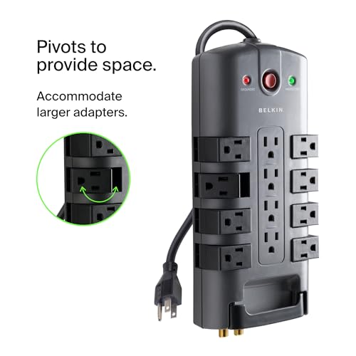 Belkin Surge Protector Power Strip w/ 8 Rotating & 4 Standard Outlets - 8ft Sturdy Extension Cord w/ Flat Pivot Plug for Home, Office, Travel, Desktop & Charging Brick - 4320 Joules of Protection - style: 1 Pack