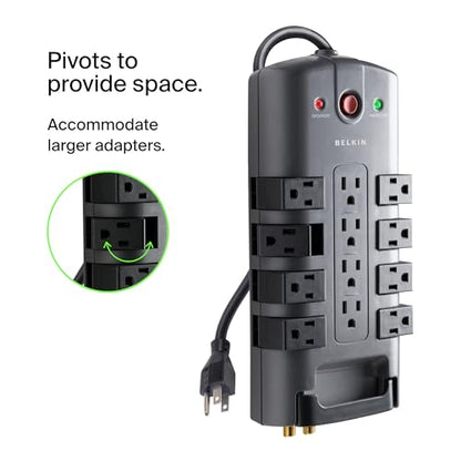 Belkin Surge Protector Power Strip w/ 8 Rotating & 4 Standard Outlets - 8ft Sturdy Extension Cord w/ Flat Pivot Plug for Home, Office, Travel, Desktop & Charging Brick - 4320 Joules of Protection - style: 1 Pack