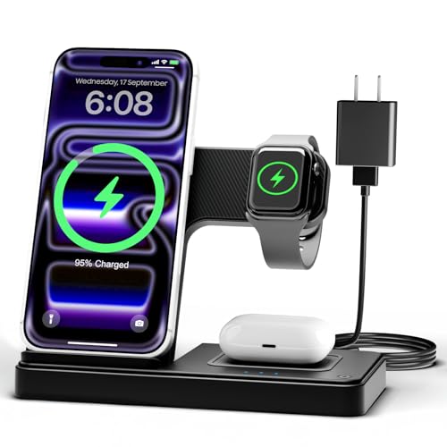 GETPALS Wireless Charger iPhone Charging Station for Apple Multiple Devices | 3 in 1 Charger Stand for iPhone 17 Pro Max 17e 16 16e 15 14 13 12 & Watch Series 11-2 SE Ultra & Airpods 4 3 Pro, Black - color: Black