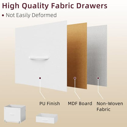 HIGDBFE File Cabinet with 2 Fabric Drawers & Dual Shelves, White | 2-Tier Printer Storage, Letter File Drawer, Reversible Side Bag, Smooth Drawer Slides, Rolling Support Board Prevent Collapse - color: White