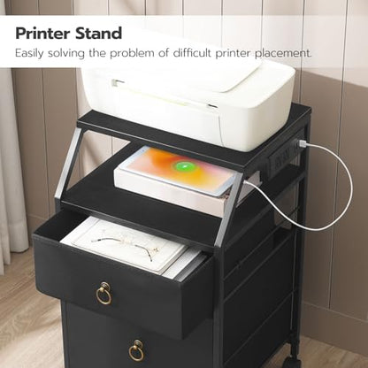 HOOBRO 2-Drawer Mobile File Cabinet, Filing Cabinet with Charging Station, Rolling Printer Stand with Open Storage Shelf, fits A4/Letter-Size for Home Office, Nonwovens Drawer, Black BB10UWJ01