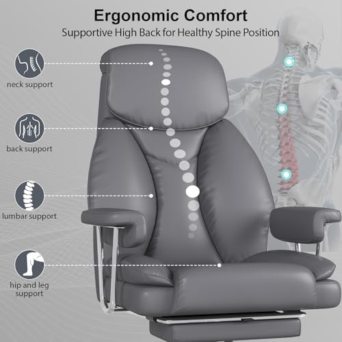 Big and Tall Office Chair, Executive Home Office Desk Chair, Comfy Leather High-Back Reclining Computer Chair with Retractable Footrest and Padded Arms, 360°Swivel Rolling Wheels, Wide Seat, Gray - color: Grey