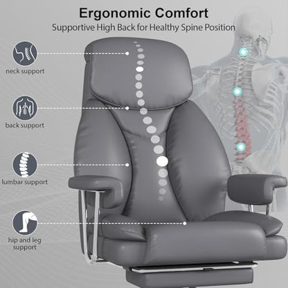 Big and Tall Office Chair, Executive Home Office Desk Chair, Comfy Leather High-Back Reclining Computer Chair with Retractable Footrest and Padded Arms, 360°Swivel Rolling Wheels, Wide Seat, Gray - color: Grey