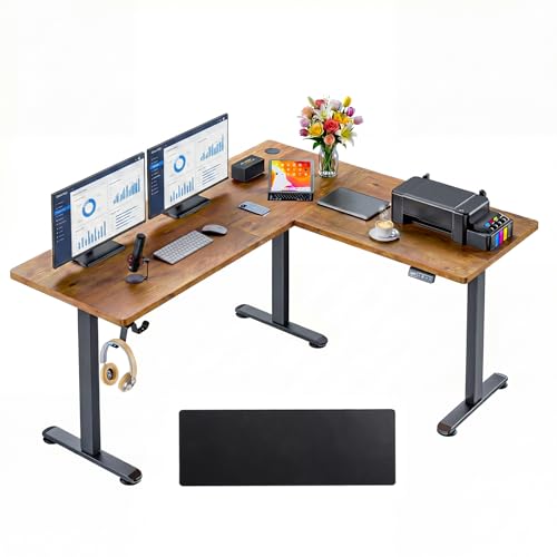 63x55 L Standing Adjustable Desk with 39x18 Mouse Pad, Brown | Corner Electric Stand Up Desk Adjustable Height with Hooks, Home Office Writing Gaming Studying Big Computer Workstation - color: Rustic Brown, size: 63x55in