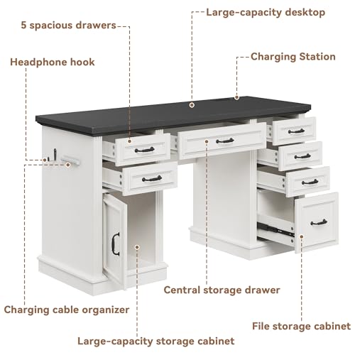 Jocoevol Farmhouse 57" Executive Desk with 7 Drawers, Home Office Desk with File Cabinet Storage, Computer Desk with Charging Station and Headphone Hook for Work, Study, Writing, White