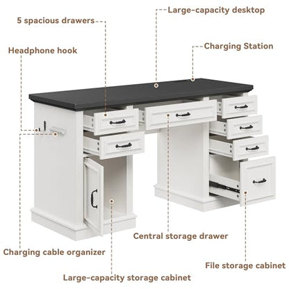 Jocoevol Farmhouse 57" Executive Desk with 7 Drawers, Home Office Desk with File Cabinet Storage, Computer Desk with Charging Station and Headphone Hook for Work, Study, Writing, White