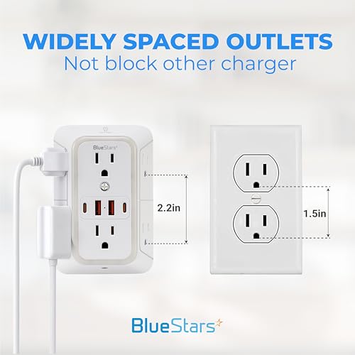 Wall Mount Power Strips Wall Charger 6 Outlet Extender 4 USB Ports (5V, 2.4A, 12W) and Night Light 3-Sided Power Strip with Adapter Spaced Outlets - Multi Plug Outlet Surge Protector for Home Office - color: White