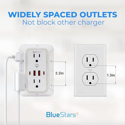 Wall Mount Power Strips Wall Charger 6 Outlet Extender 4 USB Ports (5V, 2.4A, 12W) and Night Light 3-Sided Power Strip with Adapter Spaced Outlets - Multi Plug Outlet Surge Protector for Home Office - color: White