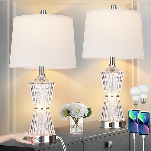 26" Modern Table Lamps, Set of 2 Table Lamp Night Light with 2 USB Charging Ports & AC Outlet, Bedside Nightstand Lamp White Shade for Living Room Bedroom Home Decor Silver(LED Bulbs Included) - color: Silver