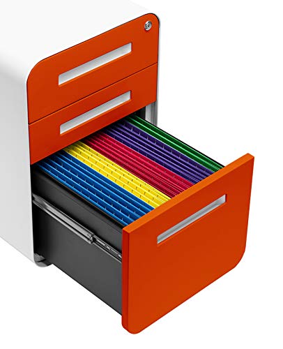 Laura Davidson Furniture Stockpile 3 Drawer File Cabinet with Lock - Under Office Desk Metal Filing Cabinet, Legal/Letter File Folders, Wheels and Stationary Feet, Pre-Assembled, Orange Faceplate - color: Orange Faceplate