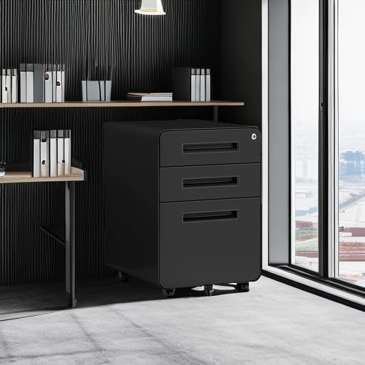 MIIIKO Mobile Filing Cabinet 3 Drawer, Rolling Small File Cabinet with Keys Under Desk, Modern Black Filing Cabinets for Home Office with Anti-tilt Wheels, A4/Letter/Legal Hanging File Drawers - color: Black, size: 3Drawer-23"H