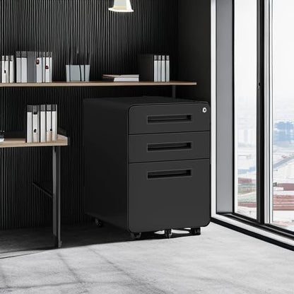 MIIIKO Mobile Filing Cabinet 3 Drawer, Rolling Small File Cabinet with Keys Under Desk, Modern Black Filing Cabinets for Home Office with Anti-tilt Wheels, A4/Letter/Legal Hanging File Drawers - color: Black, size: 3Drawer-23"H