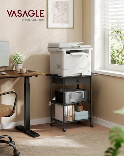 VASAGLE 3-Tier Printer Stand with Locking Wheels, Under Desk Printer Table - color: Ebony Black, size: 3 Tiers with Drawer