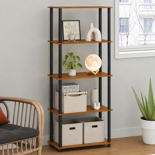 Furinno Turn-N-Tube Toolless Assembly 5-Tier Storage Shelves, Oak Book Shelf, Open Storage Bookshelf, for Organization and Storage, Living Room, Home Office, Bedroom, Light Cherry Oak - color: Light Cherry Oak/Black