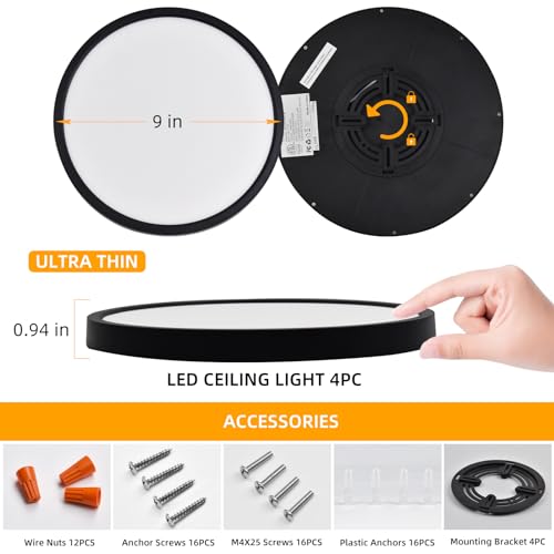 Hlite 9 Inch LED Flush Mount Ceiling Light,1800LM,4PacK,3CCT | 18W 3000K/4000K/5000K Selectable,Super Slim,Low Profile Round Ceiling Light Fixtures for Kitchen Bedroom Hallway,Black - color: Black, size: 9 inch-4